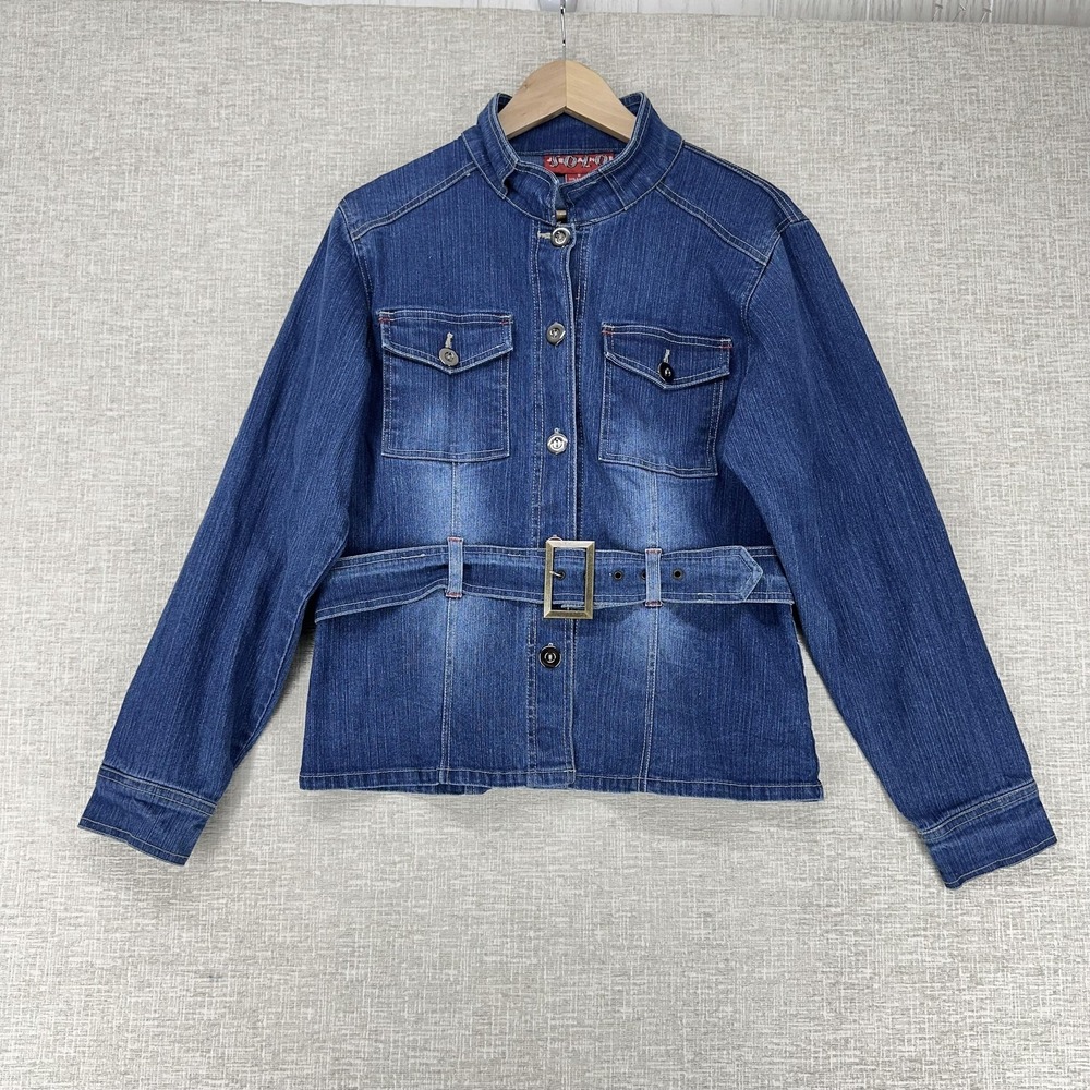 Solo Jacket Womens Medium Blue Denim Belted Button Front Collared‎ Stretch